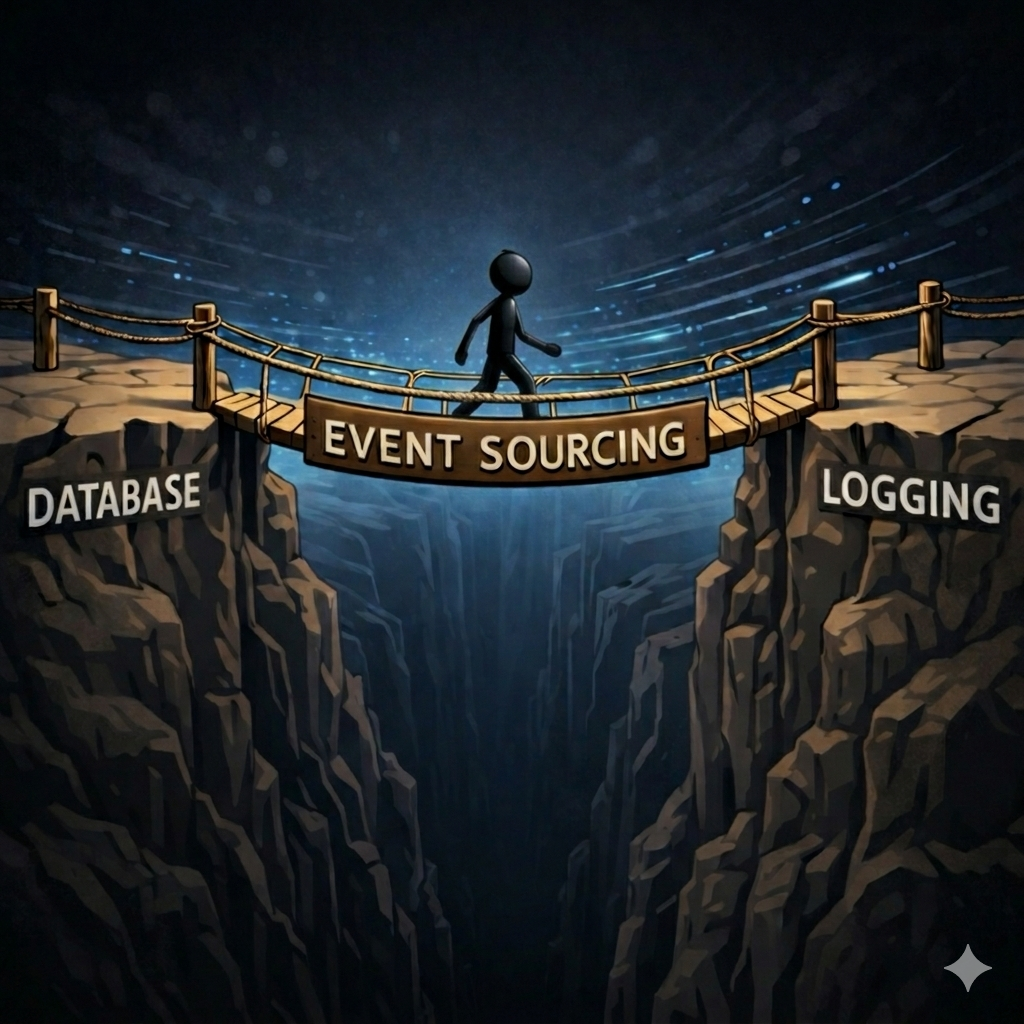 Stick figure crossing an event sourcing bridge over the gap between database and log