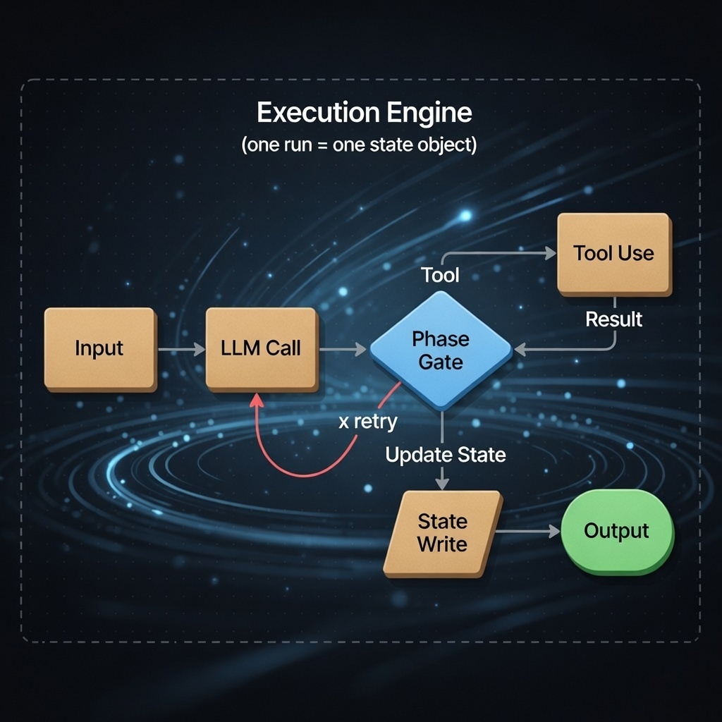Execution Engine diagram showing nodes, edges, phase gate and state flow